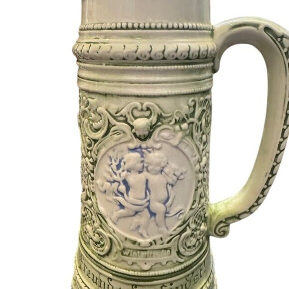 Vintage German Beer Stein With Embossed Cherub Design & Lid 1 Liter Capacity Cer - Picture 2 of 7
